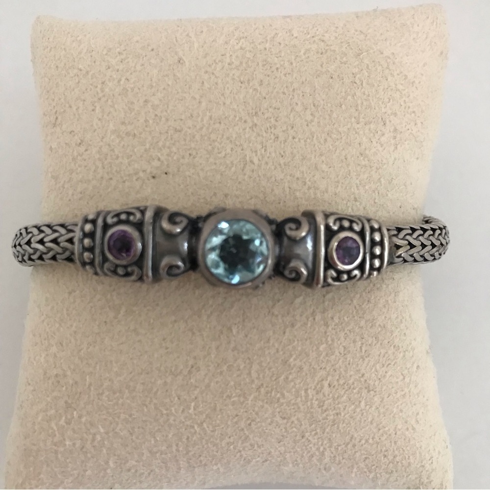 Vintage KC Indo Sterling Silver Blue Topaz Amethyst Spiga Wheat Bracelet 8" 35 g - Picture 8 of 16